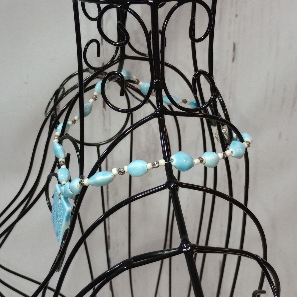 Blue Flower Ceramic Bead Necklace - Picture 7 of 14